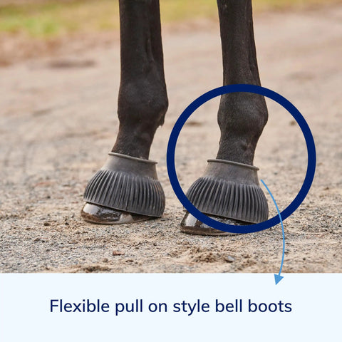 Pair Of Horse Bell Boots Rugged Rubber Overreach Protection For Horses Large Size Black Protective Equine Boot Set Built To Last Comfort And Quick Easy Fit on horse legs