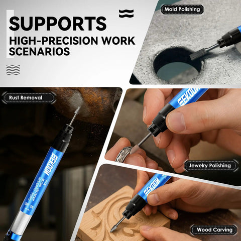 One Eighth Inch Pneumatic Pencil Die Grinder Running Sweet At 56000 Rpm Air Drive For Crushing Burrs And Top Shelf Metal Finishing Rig in use for rust removal, mold polishing, jewelry polishing, and wood carving.