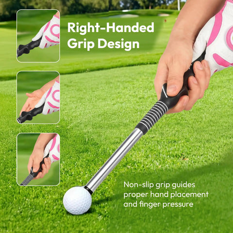 Retractable Click Stick Golf Swing Trainer With Grip Feedback For Tempo Rhythm And Swing Speed Right Handed shown on grass