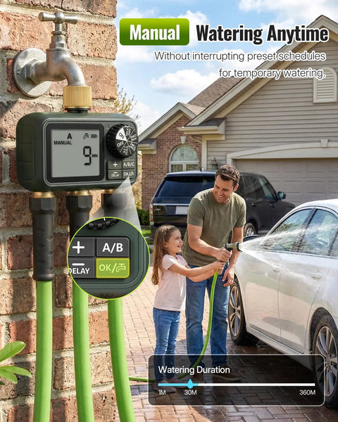 Brass Sprinkler Timer With Swivel 3 Outlet Go To Digital Irrigation System Kit For Garden Yard Lawn Programmable Auto Manual Rain Delay Watering 3 Independent Zones No Fuss Setup Outdoor Hose Timer attached to faucet
