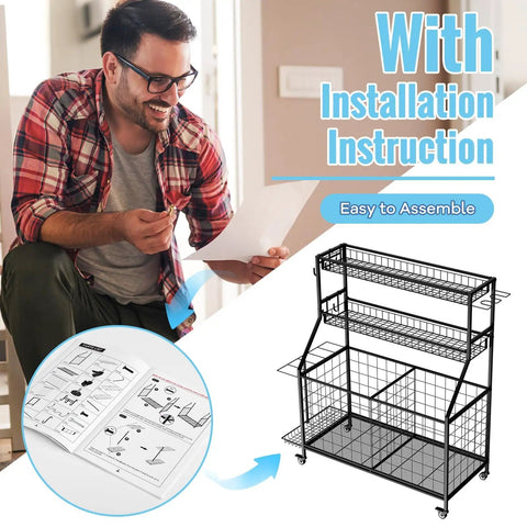 Heavy Duty Sports Equipment Garage Organizer With Ball Storage Rack Basket Hooks And Rolling Cart For Sports Gear And Toy Storage Indoor Outdoor Use Black shown with installation instructions