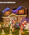 House decorated with Warm White Christmas String Lights, 20 Ft, 100-Count Incandescent White Wire Lights, waterproof display.
