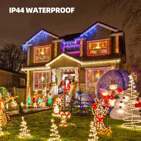 House decorated with Warm White Christmas String Lights, 20 Ft, 100-Count Incandescent White Wire Lights, waterproof display.