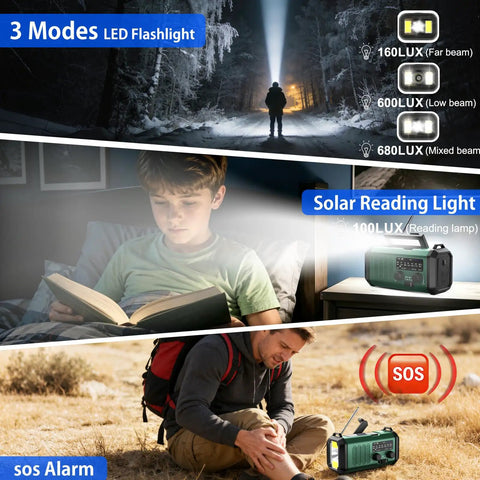 Hand Crank Emergency Radio With NOAA Weather Radio AM FM, 10000mAh Battery USB C, LED flashlight and solar reading light in action