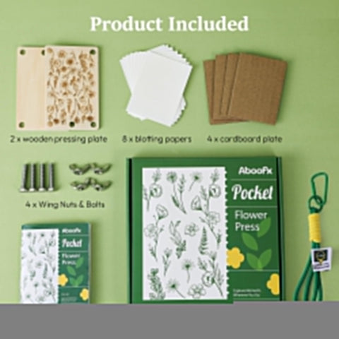Mini Flower Press Kit For Small Blooms And Leaves, Easy Travel Friendly Press For Plants, Herbs, and Micro Flowers, 2.5x4 Inch Pocket Kit components displayed including wooden pressing plates and paper sheets.