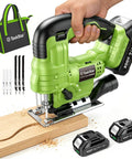 Straight Up Compact Cordless Jigsaw Kit With Dual 2.0Ah Batteries Rapid Fire Charging And Nine Snap Swap Blades For Effortless Trim Woodworking And Quick Lumber Cuts No Sweat on wooden surface with tools.