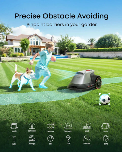 Robot Lawn Mower With Vision Navigation For 0.3 Acre Yards avoiding obstacles; child and dog on lawn with soccer ball.