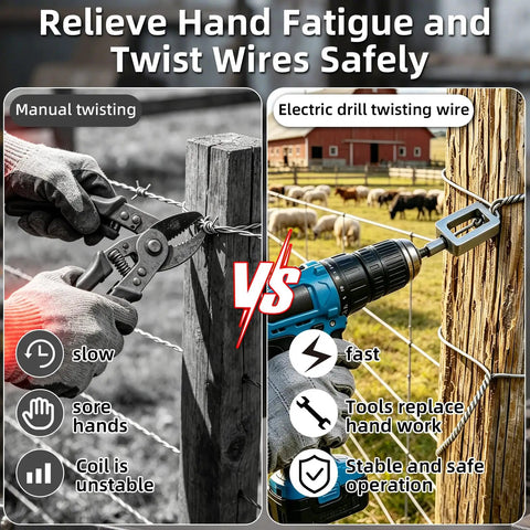 Comparison of manual wire twisting vs electric drill using Dexspoeny 3 Piece Wire Twister Tool Set For Drill for fast and safe operation.