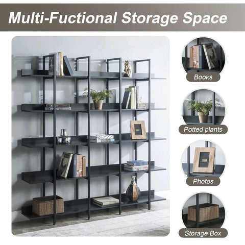 Five Shelf Vintage Industrial Bookcase With Black Metal Frame And MDF Shelves Space Saving Storage Organizer for home office decor
