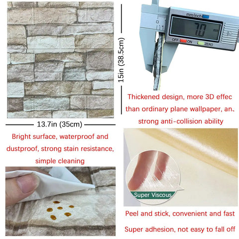 20 Pack 3D Wall Panels Peel And Stick Foam Brick Wallpaper Faux Stone Self Adhesive 7mm Thick Waterproof Dustproof Easy Clean Rock Color DIY Ready