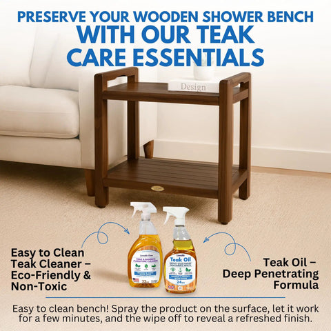24 Inch Teak Shower Bench With LiftAide Arms, Waterproof Brown Teak Wood Stool Seat For Inside Shower with care products