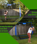 Two people practicing with a 7x7 Foot Golf Practice Net For Indoor Garage Or Outdoor Backyard Driving Heavy Duty Mesh Netting