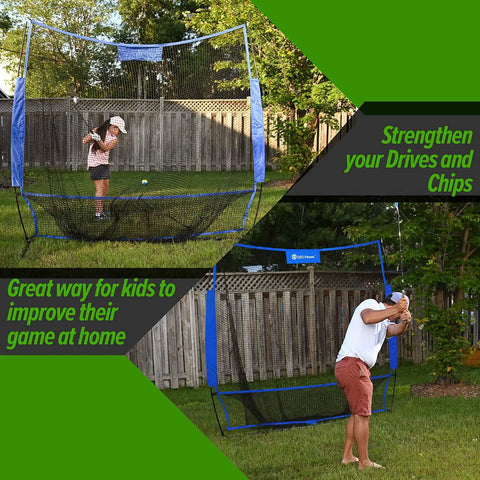 Two people practicing with a 7x7 Foot Golf Practice Net For Indoor Garage Or Outdoor Backyard Driving Heavy Duty Mesh Netting