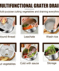 Stainless Steel Rice Strainer Colander With Side Drain, Grater Lid, Hanging Hole, And V-Shaped Bottom, 304 Grade Kitchen Washing Bowl