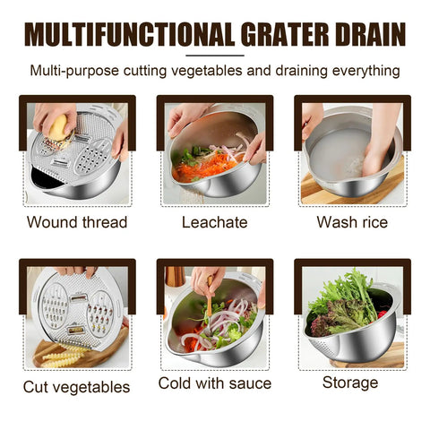 Stainless Steel Rice Strainer Colander With Side Drain, Grater Lid, Hanging Hole, And V-Shaped Bottom, 304 Grade Kitchen Washing Bowl