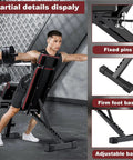 Man using 4 In 1 Adjustable Weight Bench With Leg Extension Foldable Incline Decline Bench Press Roman Chair And Preacher Curl Station Beefy 770 Lbs Capacity Full Body Home Gym Strength Training Equipment, showing bench details.