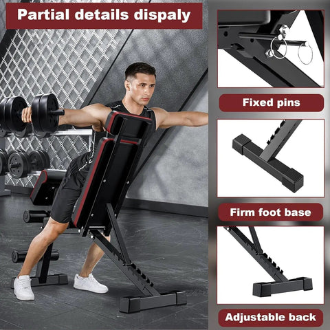 Man using 4 In 1 Adjustable Weight Bench With Leg Extension Foldable Incline Decline Bench Press Roman Chair And Preacher Curl Station Beefy 770 Lbs Capacity Full Body Home Gym Strength Training Equipment, showing bench details.