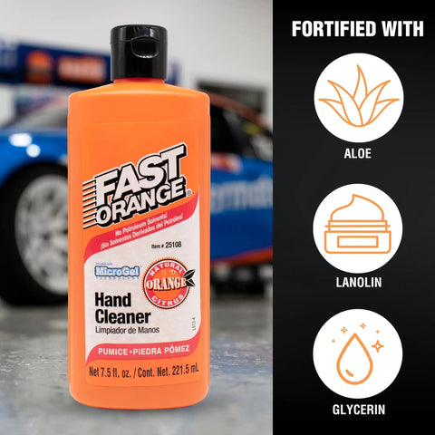 Fast Orange Heavy Duty Mechanic Hand Cleaner With Pumice Lotion, 7.5 oz bottle, natural citrus scent, skin conditioning.