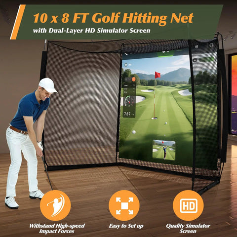 Golfer using Backyard Easy Setup Golf Net With High Definition Impact Screen And Target Cloth 10x8ft Portable Heavy Duty Practice Net