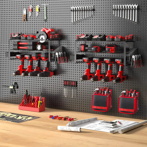 Power Tool Organizer Wall Mount Kit For Garage And Workshop No Clutter Keeps Tools In Reach with red tool holders