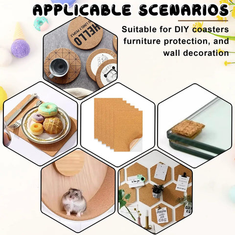 Ten Piece Natural Cork Self Adhesive Sheets Eight Point Three By Eleven Point Seven Inches One Millimeter Thick used for DIY coasters and wall decoration.