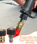 JOEJET pressure washer coupler, brass M22 to 3/8" quick-connect, installed on red hose