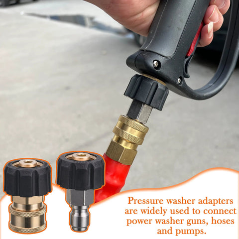 JOEJET pressure washer coupler, brass M22 to 3/8" quick-connect, installed on red hose