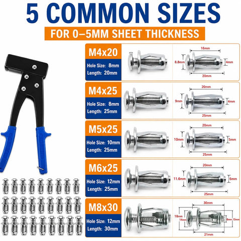 Heavy Duty Fifty One Piece Flower Nuts Screws Kit With Metric M4 M5 M6 M8 Expansion Rivets and Quick Mount Tap Wrench, showing sizes and details for use.