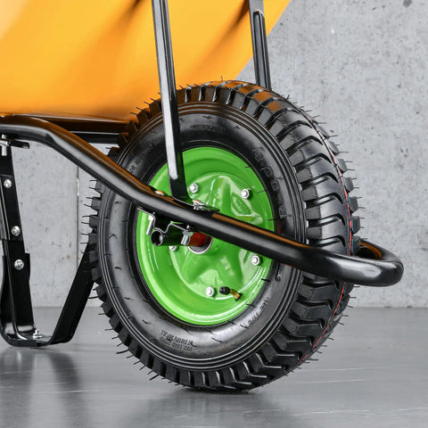 Wheelbarrow with Tough As Nails Inner Tubes For 4.80/4.00-8 Inch Tires With TR87 Angled Valve on green rim