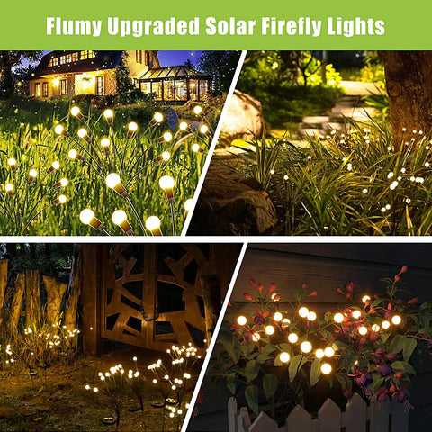 Solar Garden Lights Outdoor 2 Pack 16 LED Firefly String Lights illuminating patio, pathway, and garden area with warm white glow