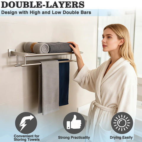 Woman adjusting towels on a Double Bar Towel Rack For Bathroom Wall Mount 304 Stainless Steel Brushed Nickel Finish Towel Holder