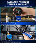 Orion Motor Tech coolant pressure tester kit with blue manifold, gauge and brass fittings (front view)
