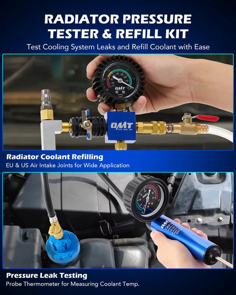 Orion Motor Tech coolant pressure tester kit with blue manifold, gauge and brass fittings (front view)