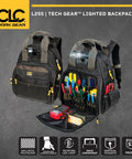 L255 Tech Gear Lighted Backpack with 53 pockets, built-in LED light, open showing organized tools inside, black, for builders.