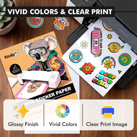 Glossy Printable Vinyl Sticker Paper Hella Easy Cut For Cutting Machines showing vivid colors and clear print in a home setup.