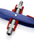 Pen Style Control Cabinet Key with Swivel Four Profile Heads, Eight And One Eighth Inch Long shown with red and blue design