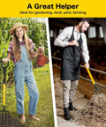 Woman holding 4 Tine Heavy Duty Garden Fork With Ergonomic No Slip D Grip Handles 45 Inch Long Spading Fork and watering can