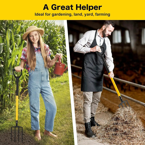 Woman holding 4 Tine Heavy Duty Garden Fork With Ergonomic No Slip D Grip Handles 45 Inch Long Spading Fork and watering can