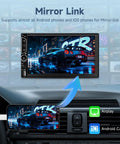 7 Inch Double Din Car Stereo With Touchscreen Backup Camera Bluetooth Hands Free Calling Mirror Link FM MP3 MP4 USB Aux Input Subwoofer Ready High Definition Multimedia Receiver showcasing mirror link feature with smartphone