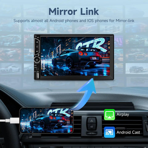 7 Inch Double Din Car Stereo With Touchscreen Backup Camera Bluetooth Hands Free Calling Mirror Link FM MP3 MP4 USB Aux Input Subwoofer Ready High Definition Multimedia Receiver showcasing mirror link feature with smartphone