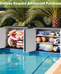 All Weather Resin Outdoor Storage Cabinet Set, 26 Cu Ft Waterproof Shed For Patio Tools, opened by a poolside showing contents.
