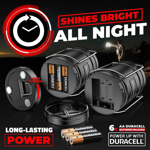 Portable LED Camping Lantern With Battery Power, Magnetic Base And Foldable Hook for emergency prep shown with batteries in black.