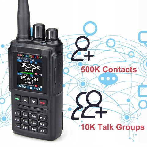 Dual Band DMR Handheld Radio AT-D168UV VHF/UHF Digital and Analog Transceiver with display and buttons, 500K contacts shown