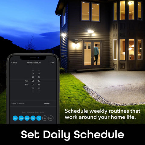 Smart Outdoor Floodlight Bulbs 2700K to 6500K Dimmable LED E26 PAR38 11W 1000 Lumens WiFi control app shown on phone by house