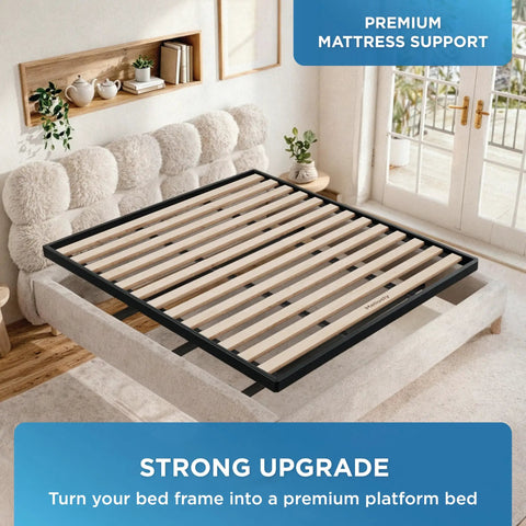 Heavy Duty King Bunkie Board Under Mattress Support Platform Bed Foundation with precision cut wood slats on framed bed.