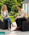 Two people sitting on 32 Gallon Resin Deck Box With Lockable Lid And Easy Carry Side Handles For Indoor Outdoor Storage