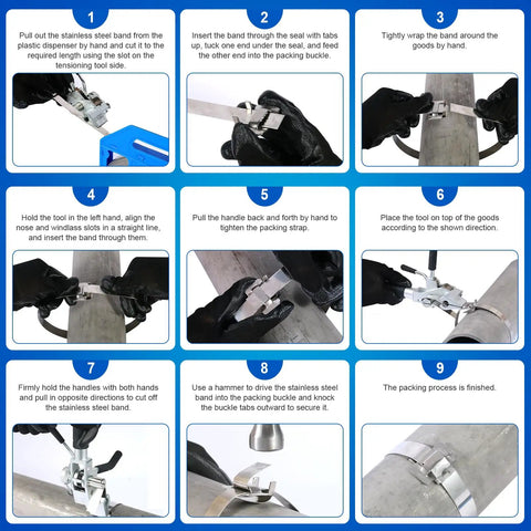 Steps for using the Top Shelf 304 Stainless Steel Strapping Kit With Heavy Duty Ties And Ratcheting Tensioner Tool.