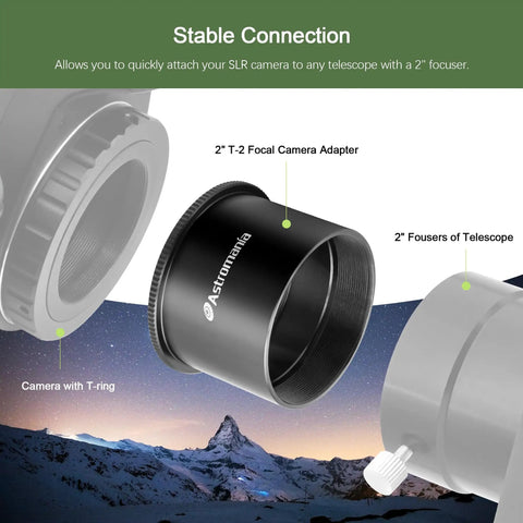 Universal 2-Inch T2 Telescope Camera Adapter For SLR DSLR - Durable Metal M42 T Mount Attachment shown with telescope parts.