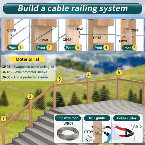 Swageless Cable Railing Kit For Wood Posts With One Eighth Inch Toggle Turnbuckles T316 Stainless Steel WoodEasy System 180 Degree Adjustable Stairs Deck Includes 10 Cables CR98 CL1 CA5