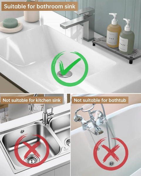 Image showing Bathroom Sink Stopper Pop Up Drain Plug With Detachable Hair Catcher Anti Clogging Design Fits 1.1 To 1.77 Inch Drains only suitable for bathroom sinks.